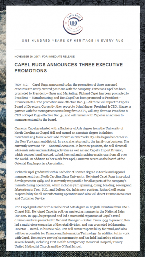 Three Executive Promotions at Capel Rugs